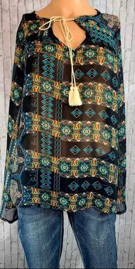 Orange Caramel Geometric Sheer Boho Blouse Tassel Tie Front Size Small Peasant